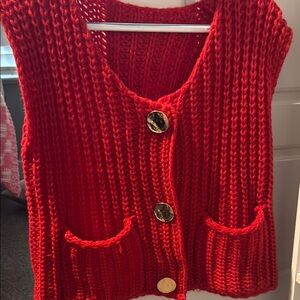 Red Knit Button-Up Sweater Vest
